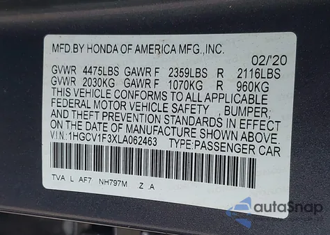2020 Honda Accord Sport from USA, damaged, VIN 1HGCV1F3XLA062463